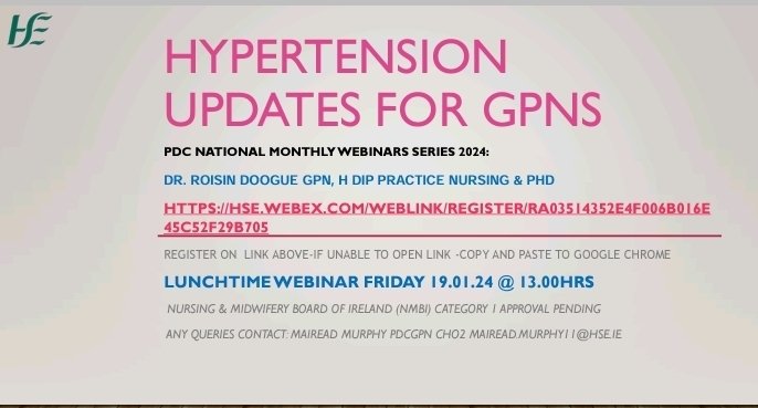 PDC lunchtime Webinar series 2024. 19th January@ 1pm Hypertension updatesfor GPNs, presented by GPN Dr. Roisin Doogue. Registration link below and flyer attached:hse.webex.com/weblink/regist…