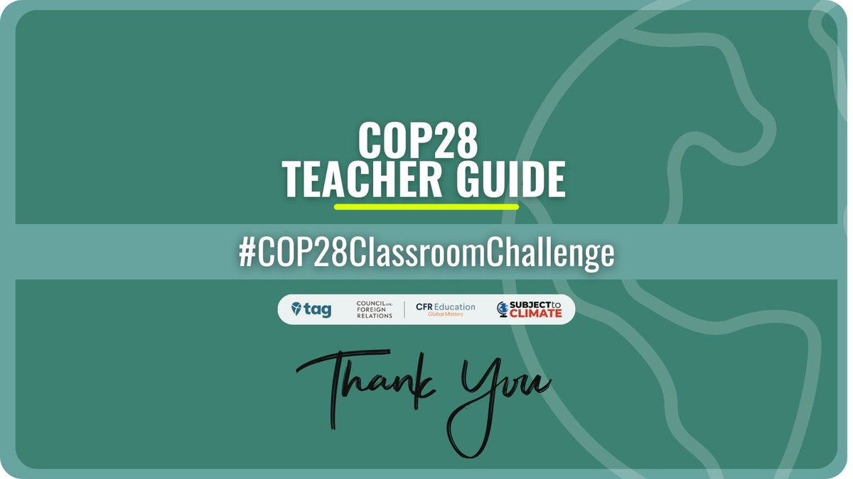 Last call for the #COP28ClassroomChallenge!🌟 Your opportunity to inspire your students with real-world climate education🌿🌐 🤝 @CFR_Education & @TakeActionEdu Join the global #COP28ClassroomChallenge ! 📖🌿 Link:  bit.ly/4083ap2