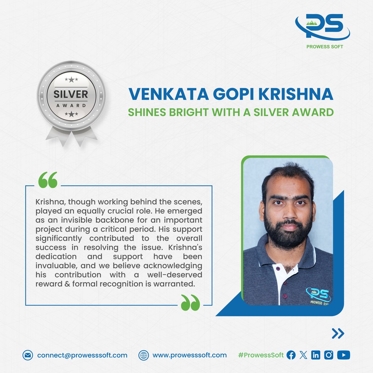 With immense pride, we extend heartfelt appreciation to exceptional Prowessians for their exceptional problem-solving skills, tireless dedication & relentless efforts in becoming the cornerstone of success on multiple projects. #SilverAward #Awards