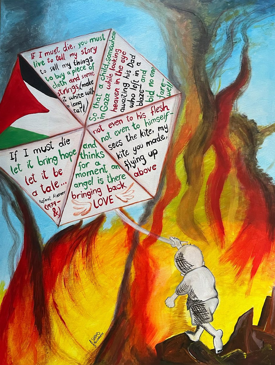 ShahdAbusalama's tweet photo. The more terror, loss and destruction Gaza endures, the more words become meaningless. My new painting is for the precious memory of Refaat Al-Araeer, a Palestinian professor whose love &amp; legacy will continue to guide us. Israel's murder of @itranslate123 won't be forgiven. https://t.co/kvtTHXbFoq