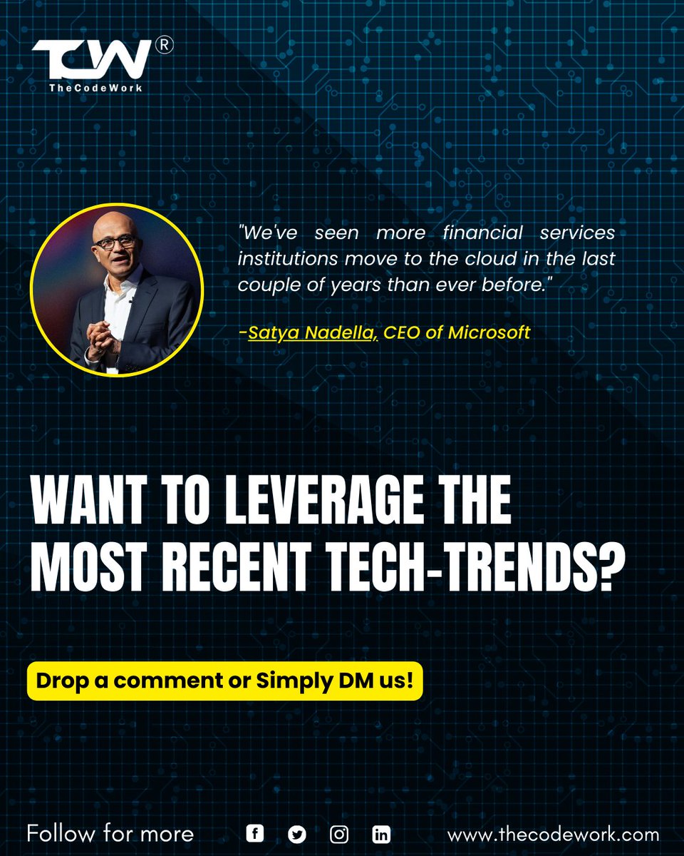 thecodework's tweet image. Want to leverage the most recent tech trends?
Drop a comment or Simply DM us!
#tech #thecodework #TechTrends #Fintech #Banking