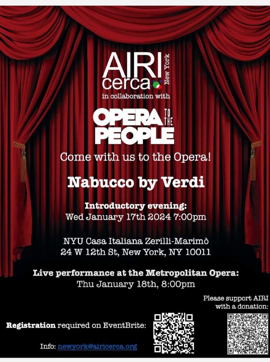 The new season of #OperaToThePeople for Italian researchers opens on Jan 17th with #Nabucco! Free introduction night thanks to @CasaItalianaNYU and Julian Sachs. (Please note that the live performance requires the purchase of a ticket) RSVP: eventbrite.com/e/opera-to-the…