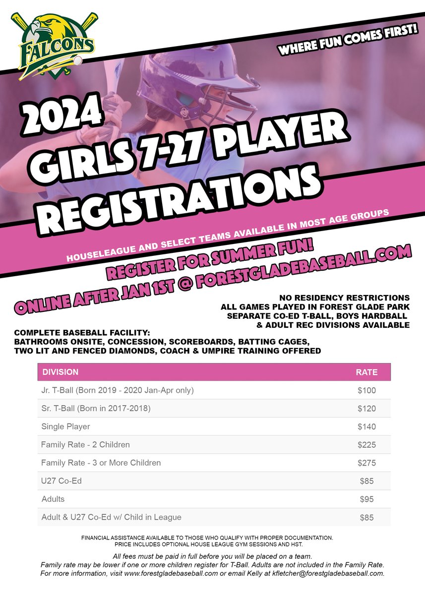 As a reminder, Youth and Adult registrations for our upcoming 2024 season will be starting on January 1st, 2024.