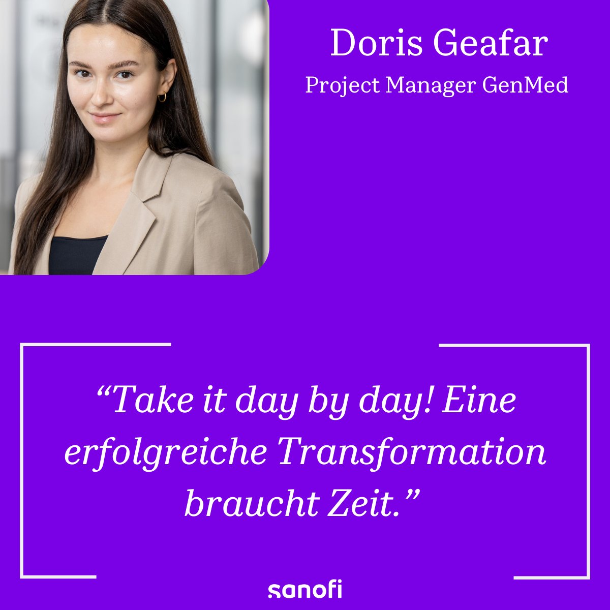 Kennt ihr schon unsere Project Managerin General Medicines, Doris Geafer? Eine erfolgreiche Transformation braucht für sie Zeit – keine Business Unit/Geschäftsmodell war ab Tag 1 transformiert und neu aufgestellt. 
#OneSanofi #WeNeverSettle