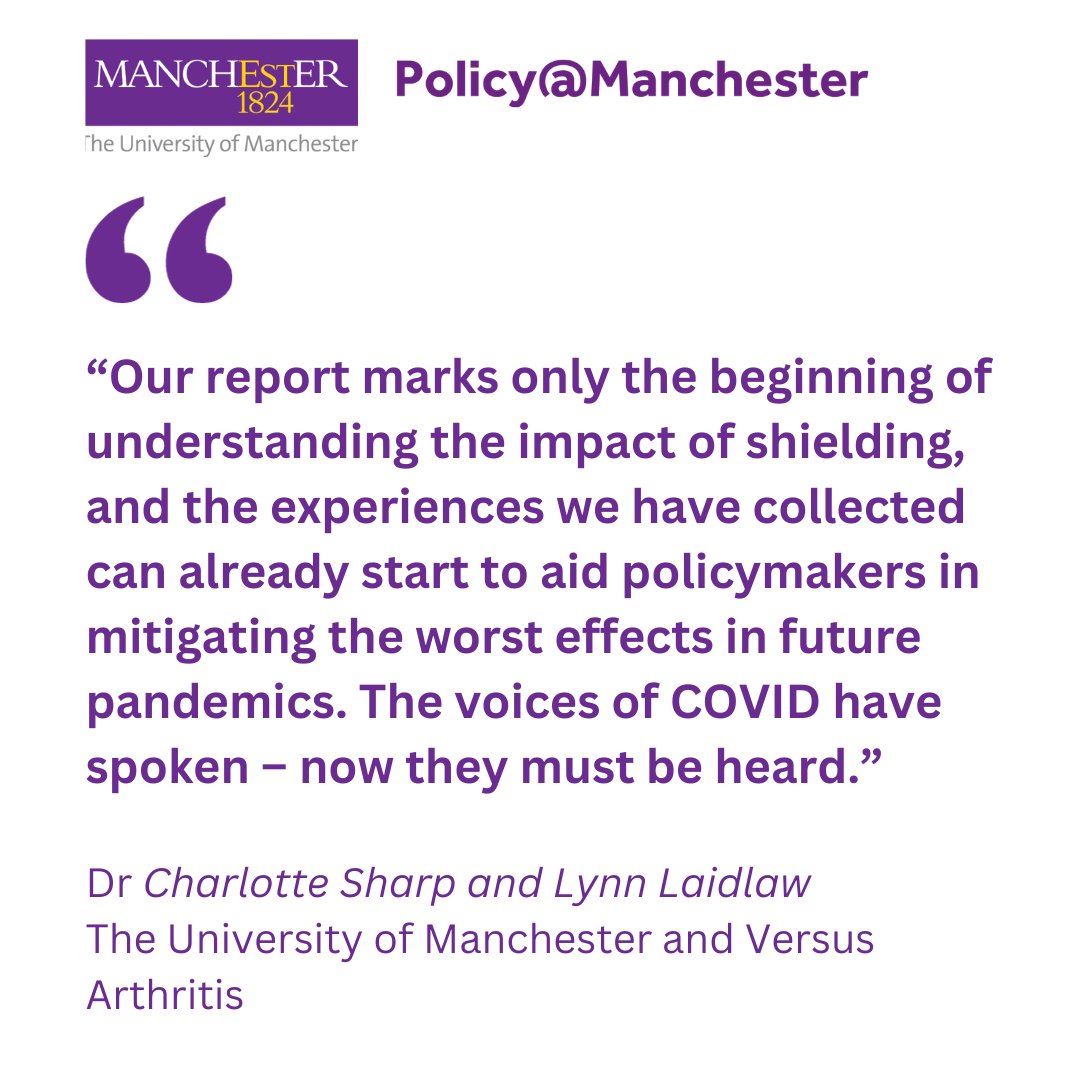 😷 4.1m people were asked to shield from COVID-19 🩺 What did this mean for their physical & mental health? ✍ Read @sharpcharlotte & @lynn_laidlaw's article, w/@VersusArthritis, on shielder's experiences & what policymakers must learn 👇blog.policy.manchester.ac.uk/posts/2023/10/…