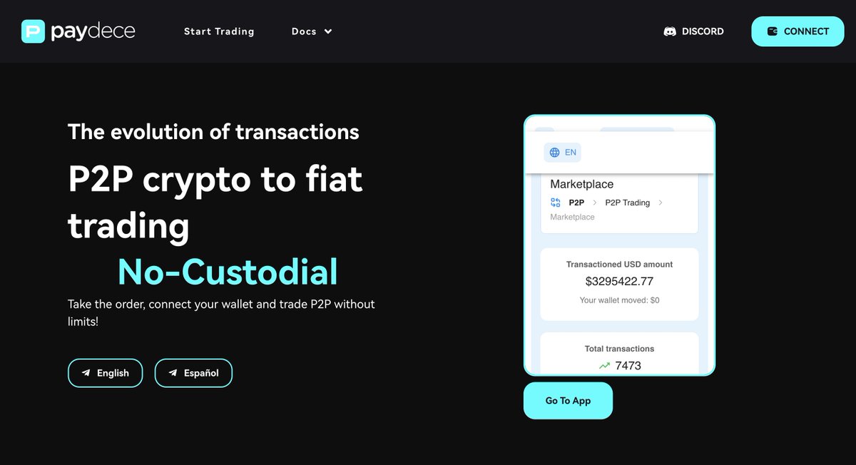 Welcome to <a href="/paydece/">paydeceP2P</a>, your ramp to #DeFi! 

Trade P2P crypto to fiat using an audited smart contract escrow by <a href="/hackenclub/">Hacken🇺🇦</a>. 

Take an order from the marketplace, escrow the crypto and the funds will be released once both sides validate the fiat payment was successfully done.