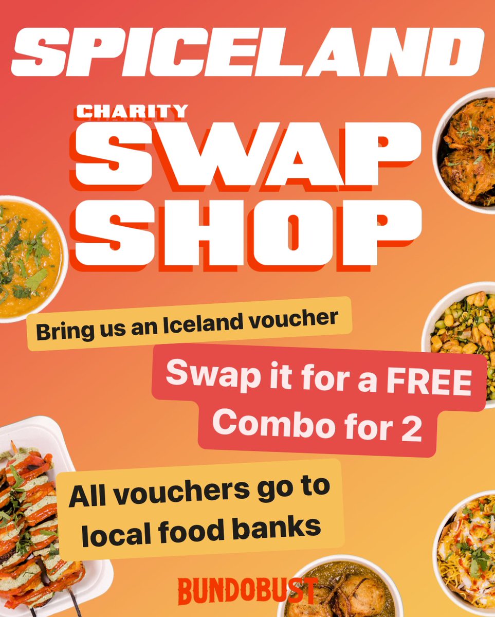 We got into a bit of trouble with @IcelandFoods lawyers recently for a Christmas joke, so to show there’s no hard feelings we’re hosting a Spiceland Charity Swap Shop. Bring us Iceland vouchers, swap them for free Bundo Combo for 2. All vouchers go to local food banks.