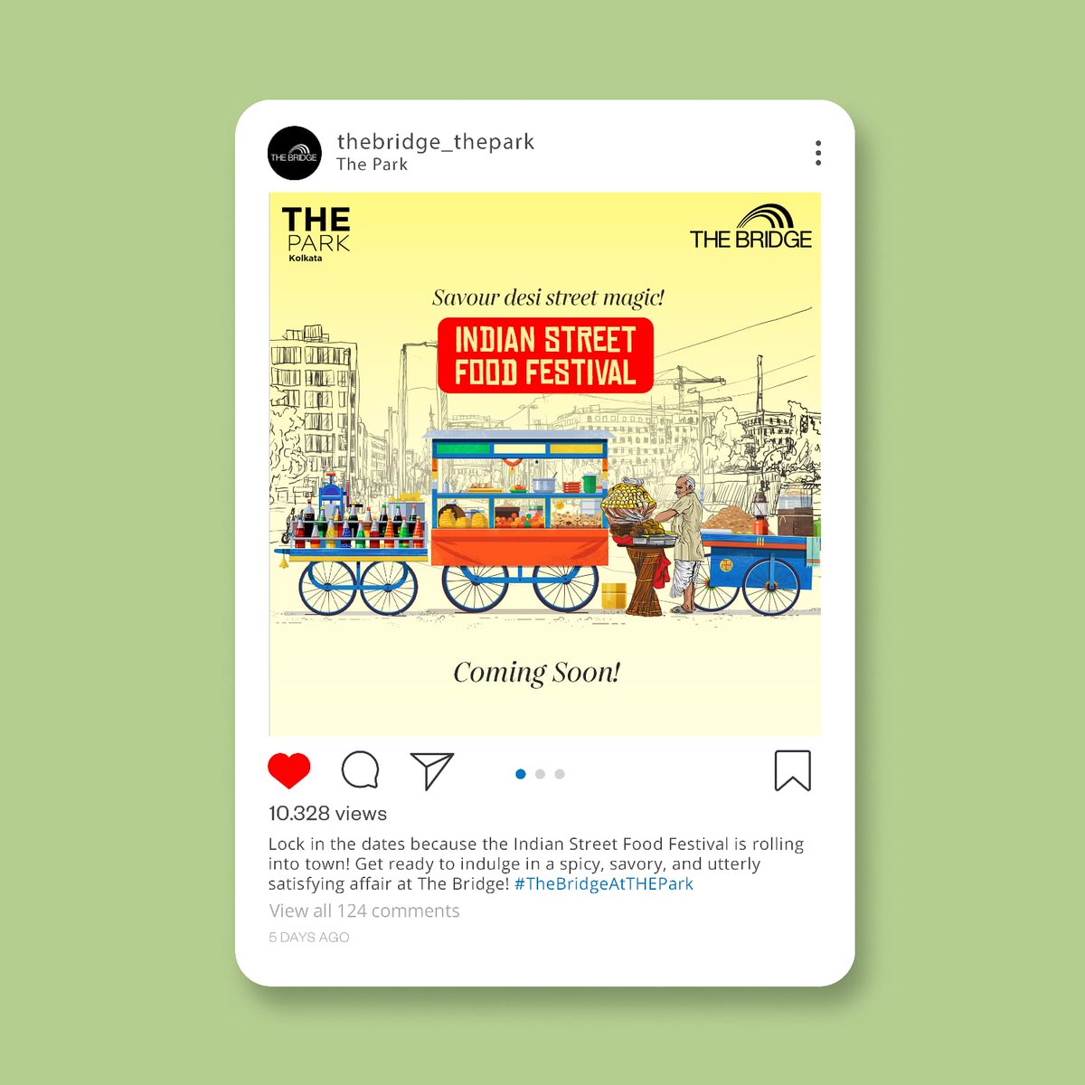 QEDIndia's tweet photo. Our client, The Bridge At The Park, is hosting the ultimate Indian Street Food Festival – a spicy and desi delight! Our design team weaved desi elements, lively hues, and bold colours to create a mouthwatering menu, crafted an eye-catching poster, and cooked up a teaser post! https://t.co/dbzZBijqOJ