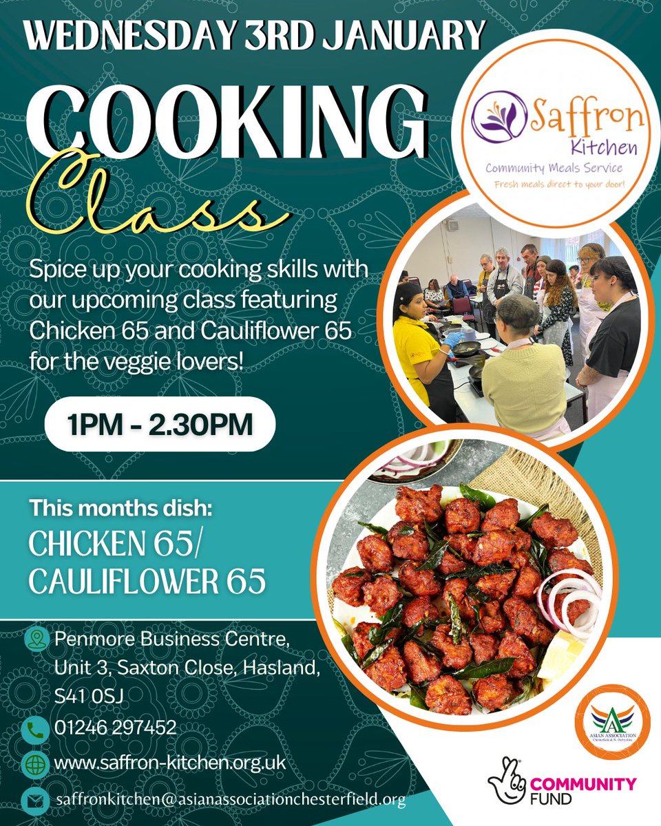 New Year New Classes, Join us in January for our cooking class! 

Learn to master Chicken 65 and Cauliflower 65 – all ingredients provided! 

Just bring your appetite and a container for the tasty leftovers. Limited spots available, secure yours at saffron-kitchen.org.uk/tickets.