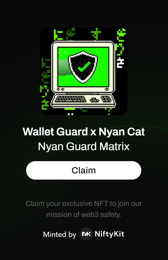 steferretto's tweet photo. Yo Crypto Crew, last call for the Nyan Cat NFT! 🚀🐱

This ain't your grandma's freebie. This is a limited edition Wallet Guard x Nyan Cat NFT, and it's about to vanish faster than a meme stock on pump day. 🔥

Why snag it? Gas ain't on you (they got you covered), it's fire-proof secure, and it'll make your crypto portfolio look baller. Plus, Nyan Cat's got more moves than a disco ball in a hurricane. 😎

Claim your piece of the pie before December 13th says "hasta la vista, baby":

Install on the Wallet Guard extension. It's like a guard for your wallet. 💰
Connect, verify, and scan your crypto like a boss. 💪
Hit "Mint" and watch that Nyan Cat magic happen. Boom! 💥

Don't sleep on this, fam. This ain't no FOMO trap, it's a chance to grab some exclusive loot before it's gone. ⏰

🔗 Mint here and join the Nyan Cat squad: https://t.co/DW0TsDKu4p

P.S. Keep it real and stay frosty. 😎❄️