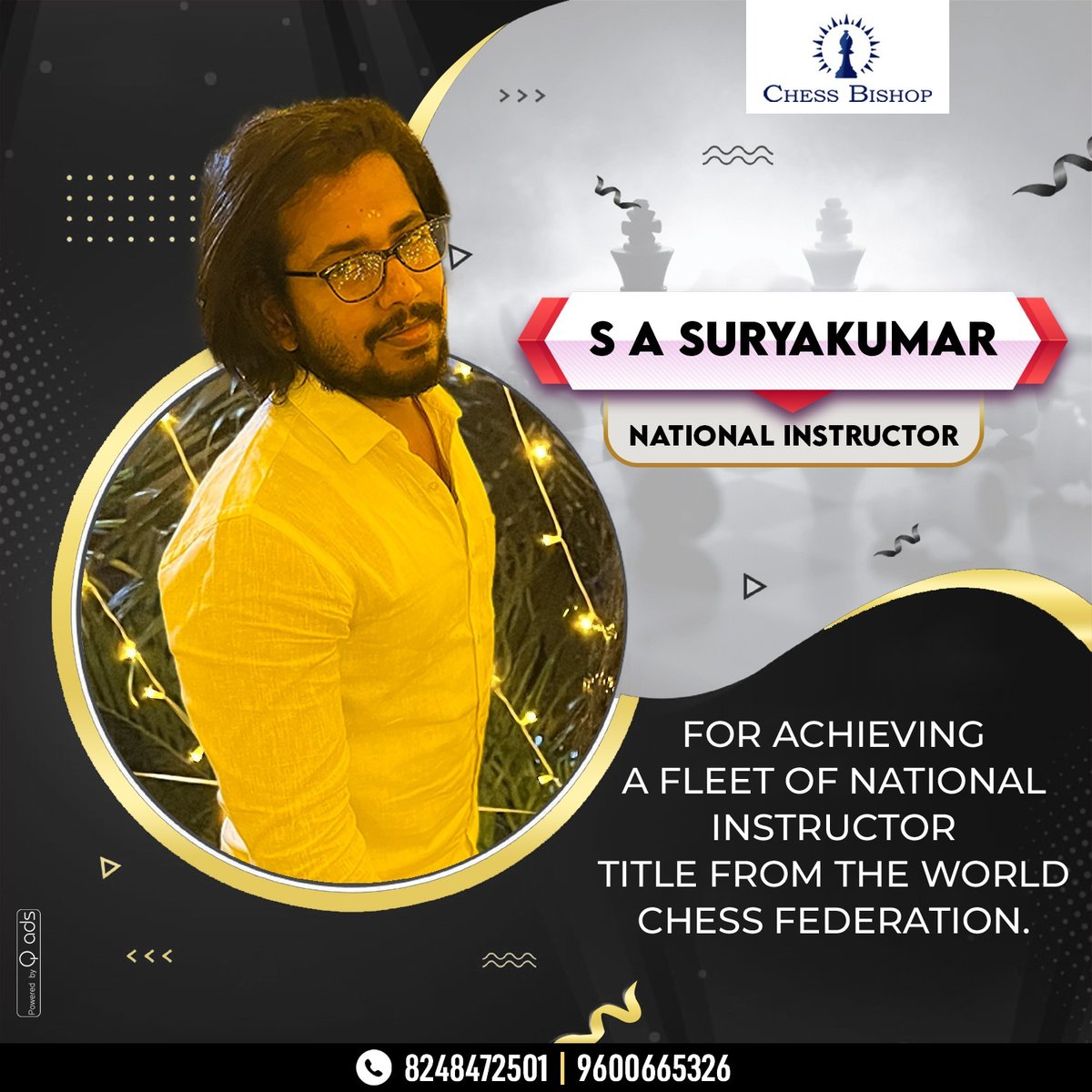 ChessBishopOff1's tweet photo. The maestro behind Chess Bishop As a National Instructor,
🏆🏆🏆🏆🏆
S A SuryaKumar
👑👑👑👑👑
He's on a mission to help you achieve the prestigious National Instructor title from the World Chess Federation

Checkmate your way to success
Contact
8248472501 or 9600665326 https://t.co/i7241Pv8qo
