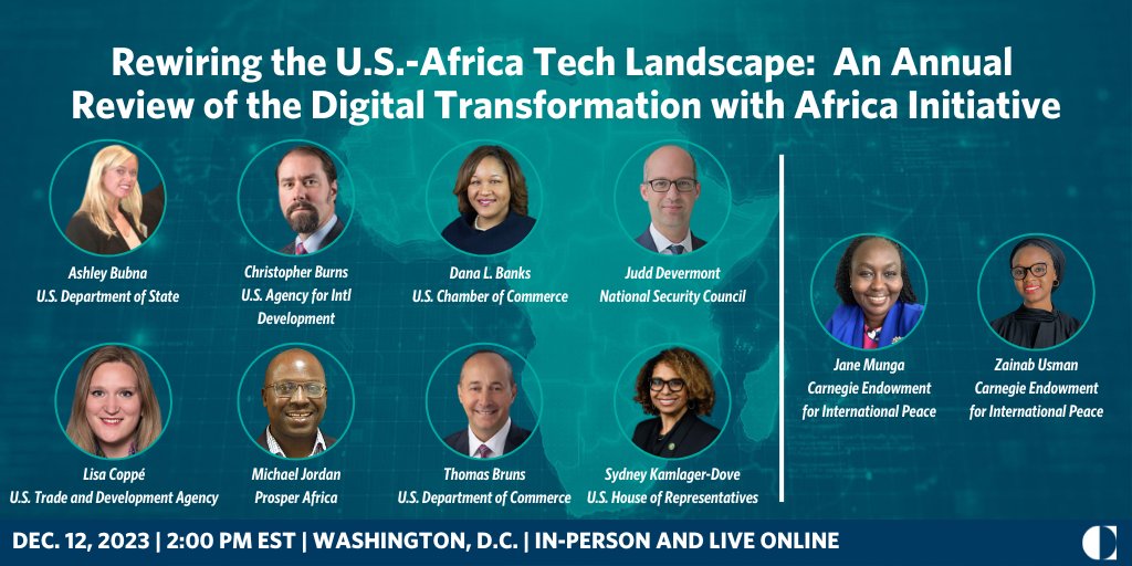 TODAY @ 2 PM @AfricaCarnegie convenes leaders in Africa policy, including @DanaBanks11, @JDevermont, @sydneykamlager, @MssZeeUsman, @jane_munga, discuss the Digital Transformation with Africa program's progress. RSVP: bit.ly/419fndH