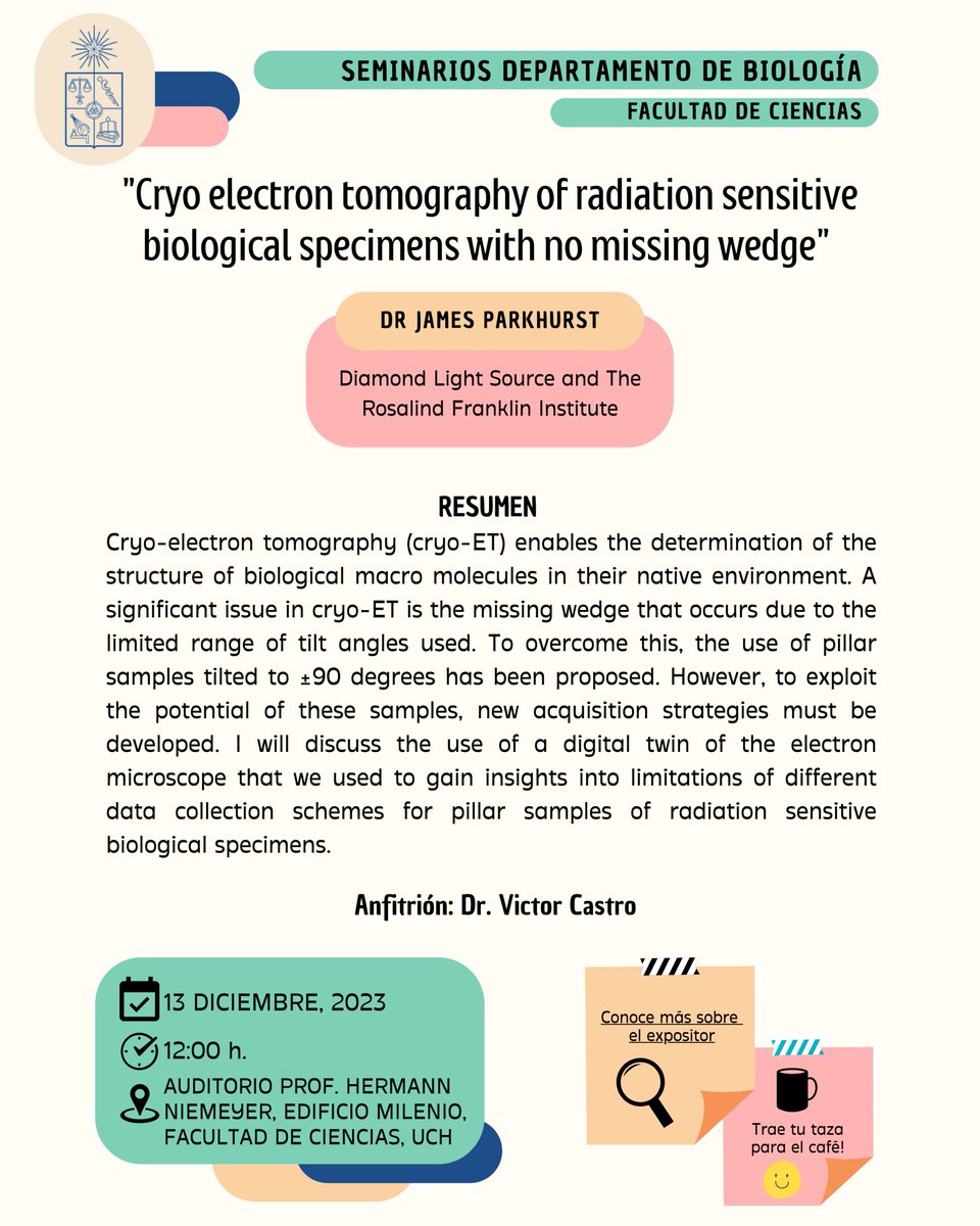 Las y los esperamos mañana a la charla de nuestro invitado internacional el Dr. James Parkhurst que nos hablará acerca de su interesante trabajo en crio-tomografía electrónica. <a href="/JorgeBabul/">Jorge Babul</a> <a href="/vcasfe/">Víctor Castro Fern..</a> <a href="/ciencias_uchile/">Ciencias U. de Chile</a> <a href="/VID_UChile/">Investigación UChile</a> <a href="/uchile/">Universidad de Chile</a> <a href="/uchileradio/">Radio Universidad de Chile</a>