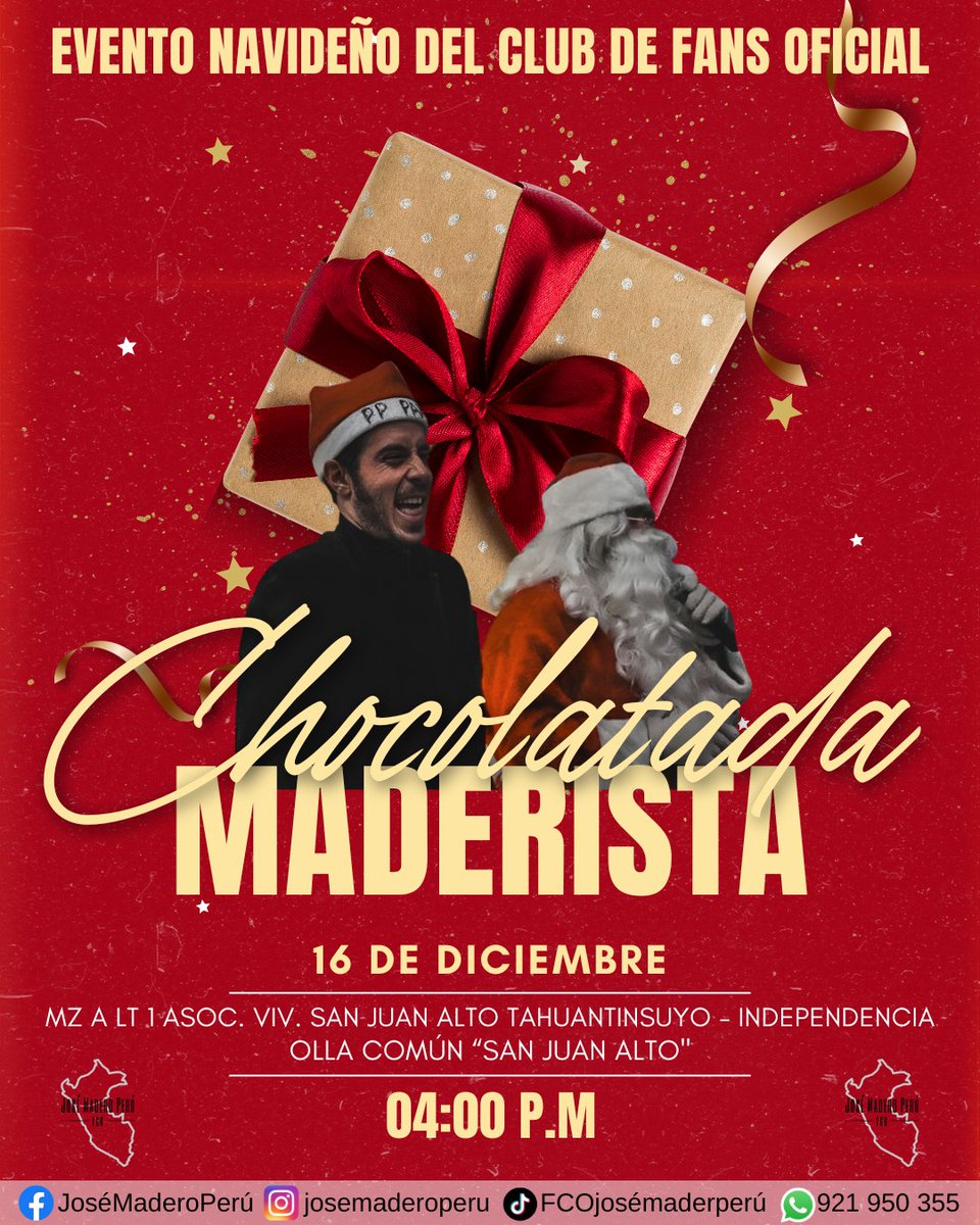 🎁☃️🎄 𝘾𝙝𝙤𝙘𝙤𝙡𝙖𝙩𝙖𝙙𝙖 𝙈𝙖𝙙𝙚𝙧𝙞𝙨𝙩𝙖 🎄☃️🎁

Cerramos este año con nuestro último Evento Navideño - Chocolatada Maderista ☕🎄🎅🏻

Tiempo de Paz...🕊️ Tiempo de dar Amor...❤️

#JoseMaderoEnLima #JoseMadero #JoseMaderoFestVol4 #EventoNavideño #ChocolatadaMaderista