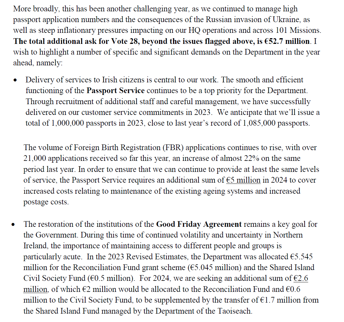 Our latest upload details pre-budget discussions between Dept of Foreign Affairs &amp; Dept of Finance.

Among the asks were increased funding as Passport Service expected 1 million new applications in 2024:

thestory.ie/2023/12/12/pre…