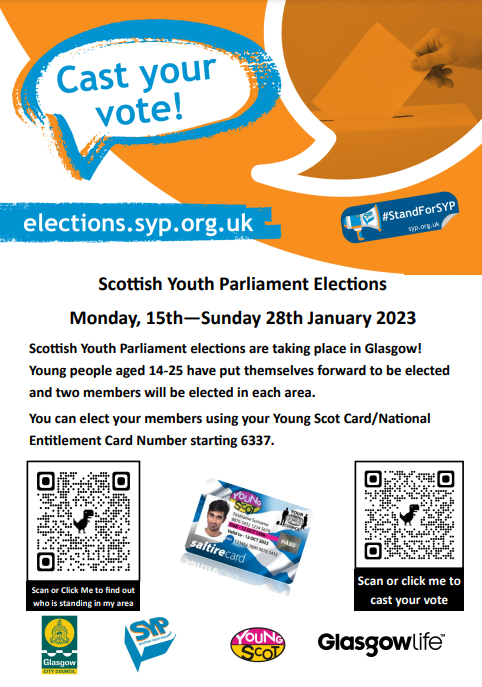 The election for Glasgow Kelvin will take place from Monday 15th January-Sunday 28th January. Everyone in this constituency, aged 12-25, can cast a vote!