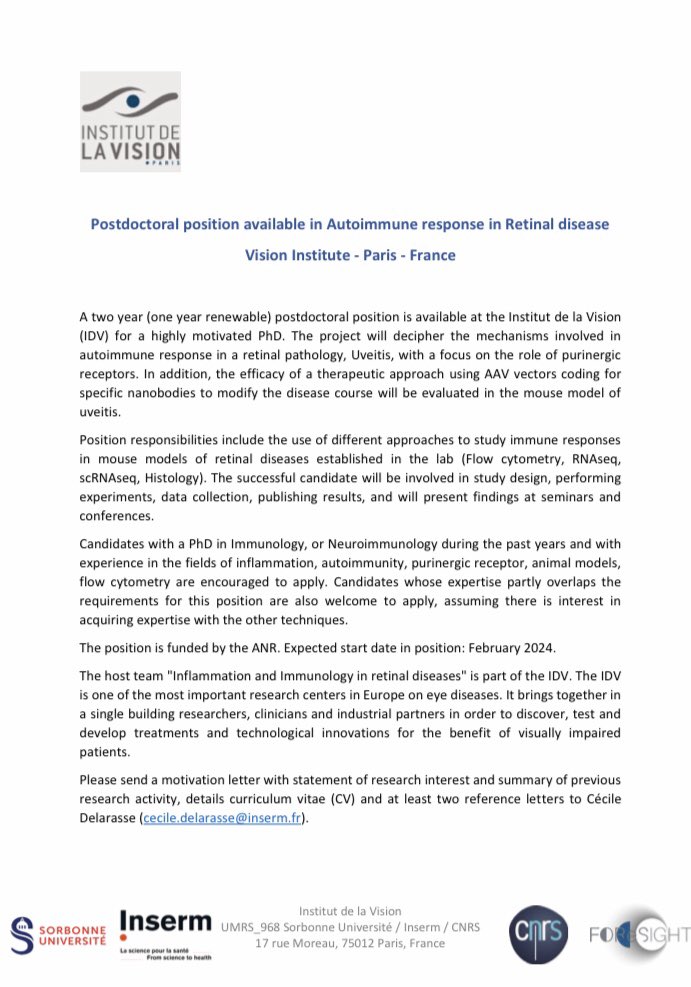 🚨🚨🚨 Dr. Cécile Delarasse is seeking a highly motivated post-doc to decipher the mechanisms in autoimmune response in Uveitis, a retinal pathology. Expected start date February 2024 #postdoc #Presto #purinergic #retinaldisease