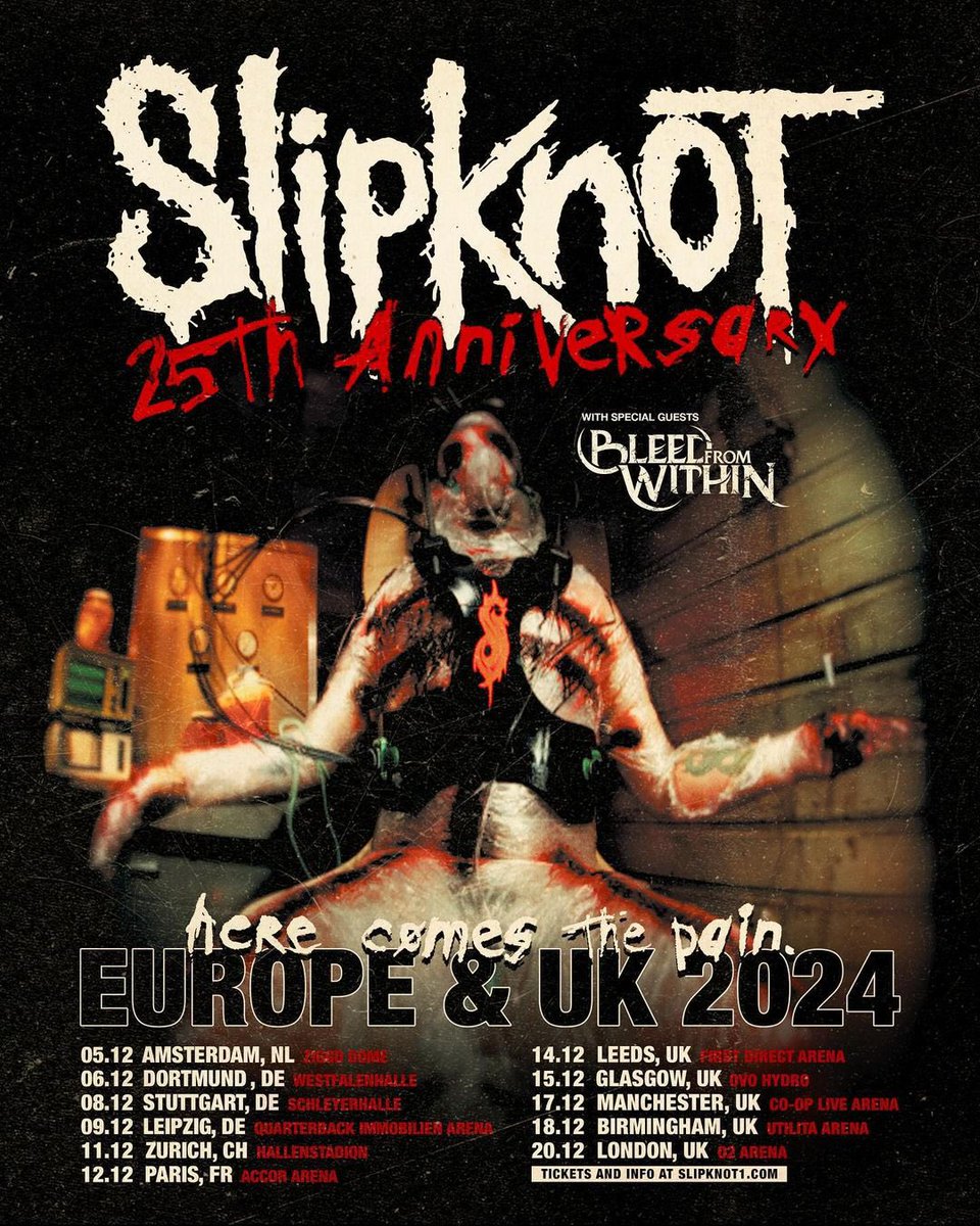 Celebrating 25 years of Slipknot 🤘 Join @Slipknot as they bring their massive 25 year anniversary headline tour to the UK and Europe in 2024. 🎫 General tickets available Friday 15 December at 10am. 🔗 Link: slipknot1.com/events/