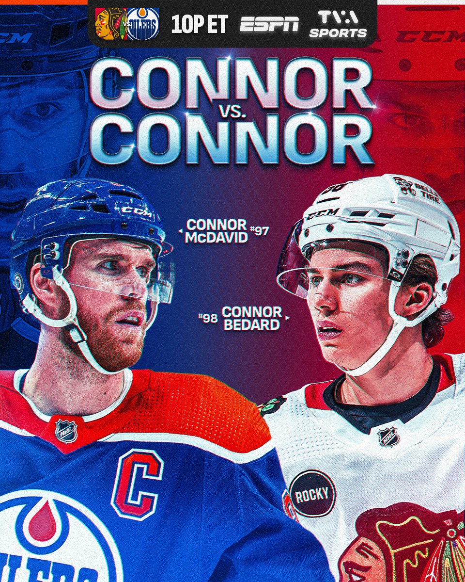 CONNOR vs. CONNOR 😤

Don't miss Connor McDavid and Connor Bedard facing off for the first time tonight at 10p ET on <a href="/espn/">ESPN</a> and <a href="/TVASports/">TVA Sports</a>!