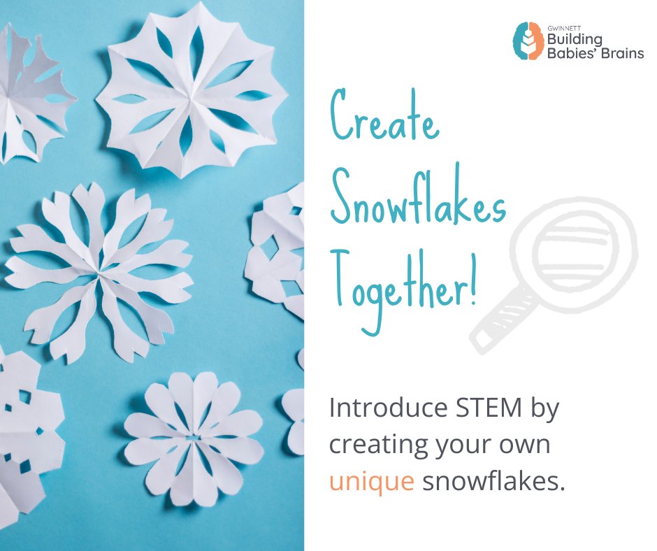 No two snowflakes are the same! Making your own snowflakes together is a great way to introduce STEM topics such as symmetry and precipitation while building motor skills. #ChildDevelopment #EarlyLearning #STEMLearning #STEM #BuildingBabiesBrains