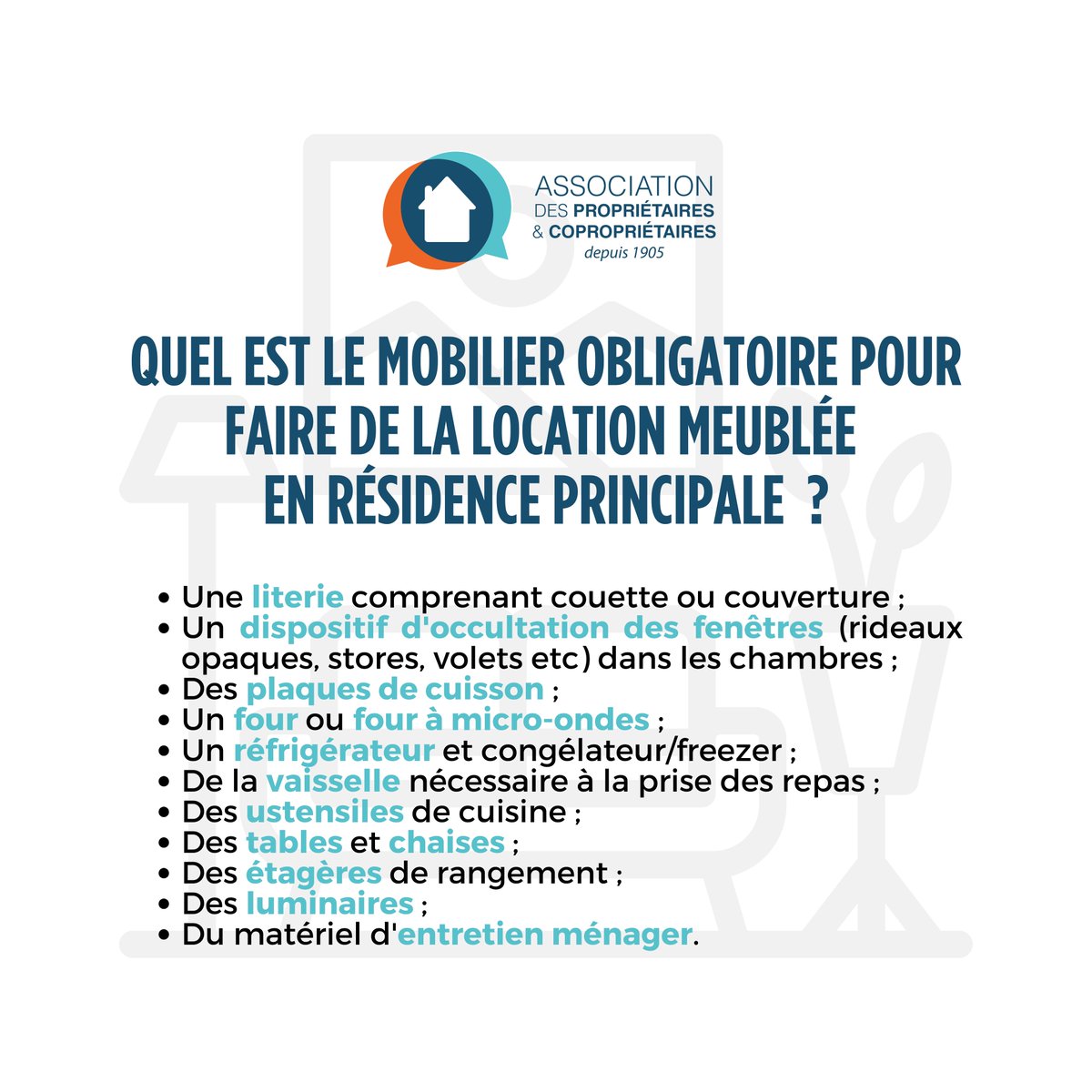 🪑 Quel est le mobilier obligatoire pour faire de la location meublée en résidence principale ?

📄 Pour acheter tous les documents indispensables à la gestion locative, c'est ici : bit.ly/3RjlSXY