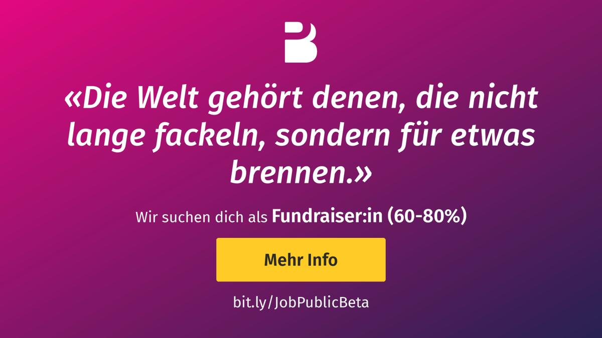 Für unser Team suchen wir ein neues Gspänli als Fundraiser:in. Arbeitsort in Basel oder Zürich. Bist du interessiert? Oder kennst du jemanden? Details zum Job auf 👉 bit.ly/JobPublicBeta