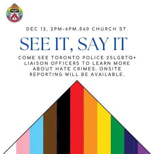 Officer Taylor - She/Her (@tpstaylor) on Twitter photo Just a reminder as well that tomorrow myself, and @TorontoQueerCop along with a member of our hate crime unit will be onsite at 560 Church St. between 2pm and 6pm with the ability to do onsite reporting and provide information about hate crimes.
#seeitsayit <a href="/TPS_CPEU/">Community Partnerships & Engagement Unit (CPEU)</a> Just a reminder as well that tomorrow myself, and @TorontoQueerCop along with a member of our hate crime unit will be onsite at 560 Church St. between 2pm and 6pm with the ability to do onsite reporting and provide information about hate crimes.
#seeitsayit <a href="/TPS_CPEU/">Community Partnerships & Engagement Unit (CPEU)</a>