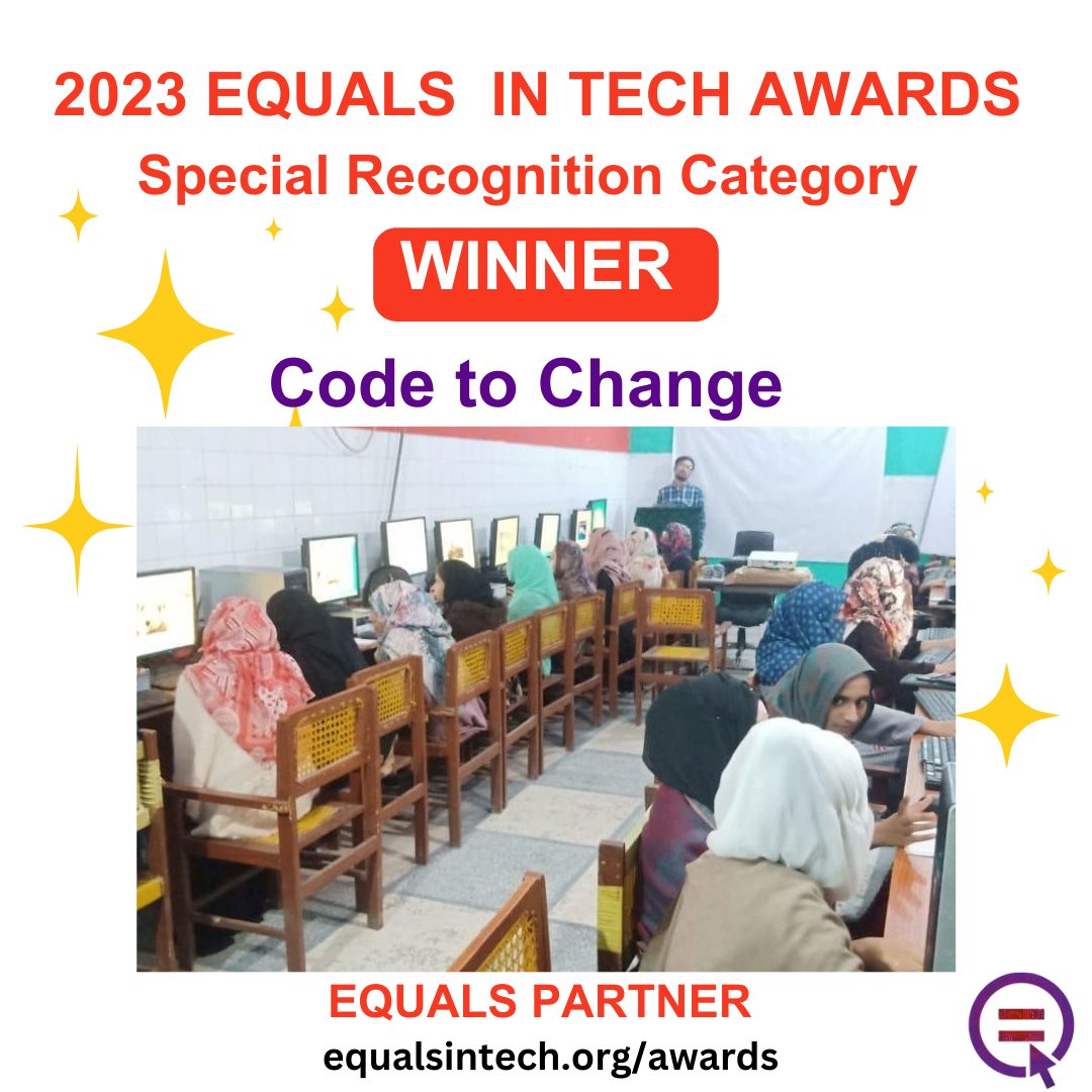 Congratulations to #EQUALSinTech winner for EQUALS Partner Special Recognition Award category! @codetochange is committed to achieving gender equality, decent work, and economic empowerment of women and underrepresented groups through digital inclusion.