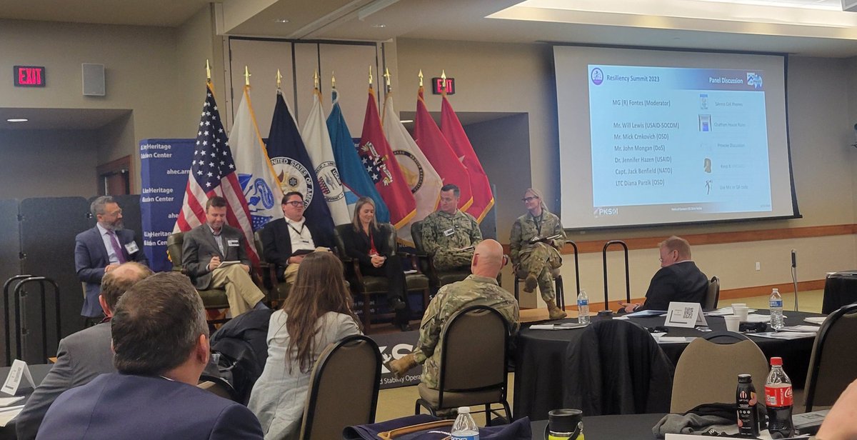 Attending the @PKSOI1 Resiliency Summit. This power panel discussed 3-D (defense, development, and diplomacy) perspectives and planning for resilience. The diversity of views and ideas from DOD, DOS, USAID, and NATO will provide the working groups with a lot to think about.