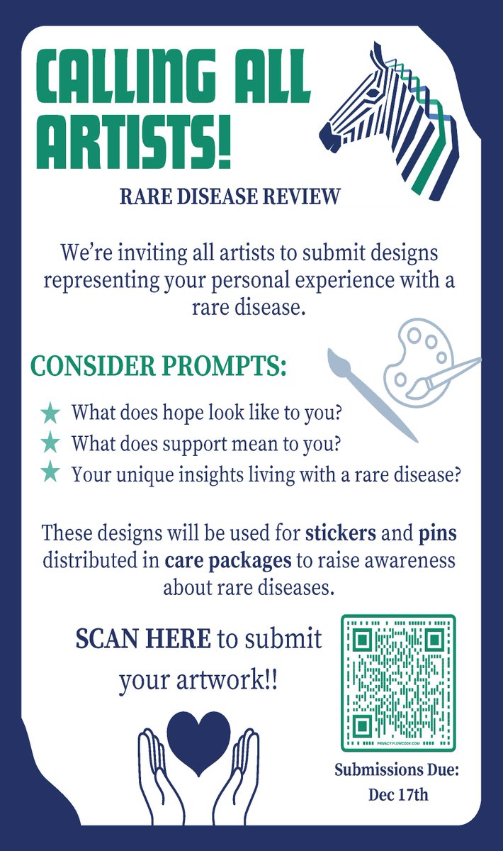 The Rare Disease Review at Western University invites RD patients and families to submit their artwork that reflects their experience with rare diseases! Your artwork will be used to raise awareness of rare diseases. (Deadline on December 17.)

See poster for more information ⬇️
