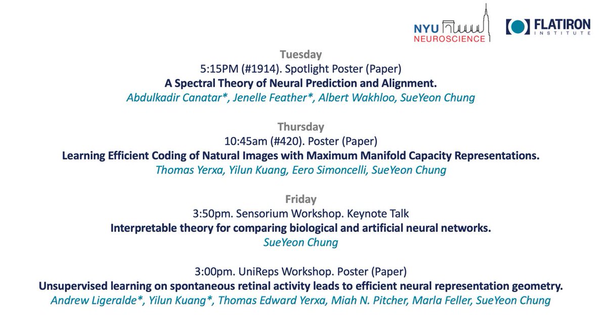 Just arrived in New Orleans for #NeurIPS2023 this week. Topics I am excited about: neuro-AI, neural manifolds (representation geometry), stat physics for machine learning, interpretability, relational & causal representations My group is presenting their awesome work👇 (1/n)
