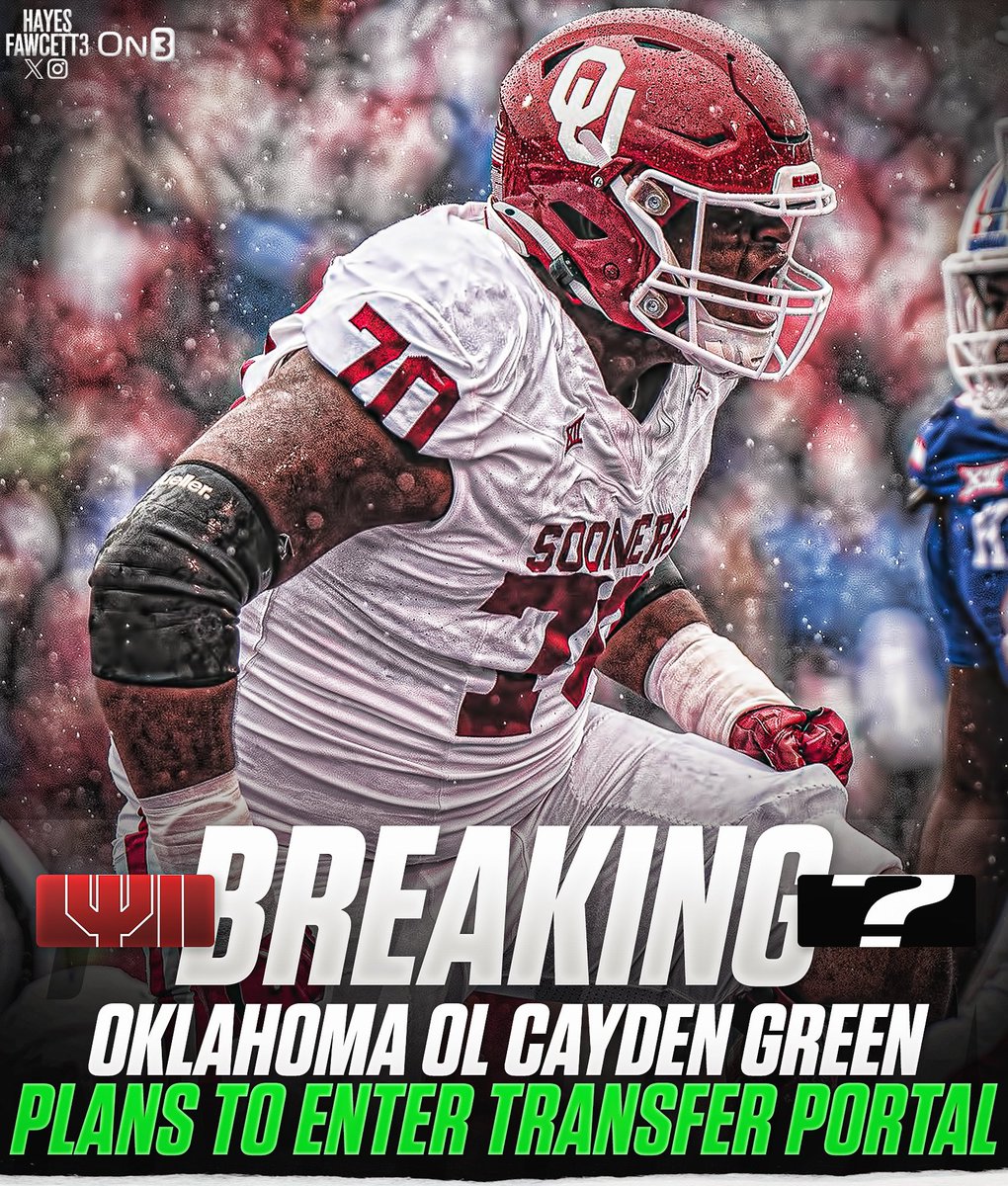 BREAKING: Oklahoma OL Cayden Green plans to enter the Transfer Portal, he tells @on3sports The 6’5 325 OL started 7 games as a True Freshman for the Sooners this year Ranked as a Top 95 Recruit in the ‘23 Class (per On3 Industry) on3.com/college/oklaho…