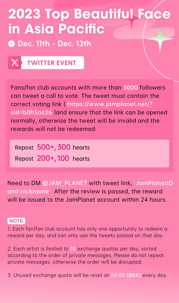 Sampiyo_freen's tweet image. TWITTER EVENT: JAM PLANET 
13Dec [Day 3]

Everyone please vote for Freen on the website and RT this post to win additional votes for Freen!

🔗 jamplanet.net/?sid=b0h5az26

🌷GOAL + 500 RT = 300 hearts 🤍 

#srchafreen #GIRLFREEN