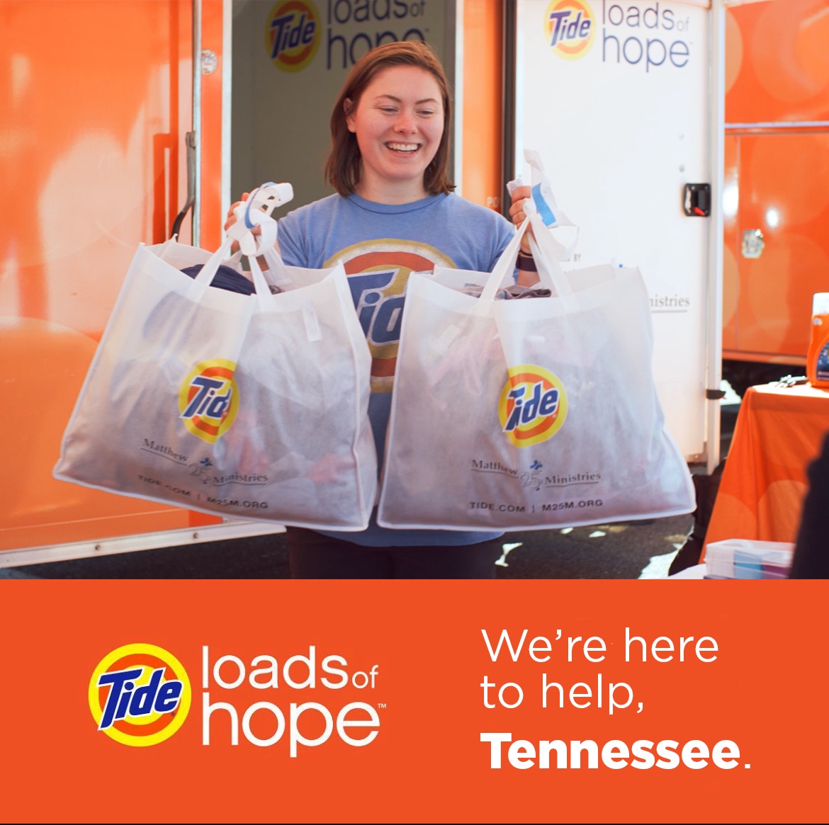 Tide Loads of Hope is here to help. The team is providing free laundry services starting 12/12 at two Walmart locations:  Clarksville 1680 Fort Campbell Blvd Clarksville, TN 37042 & Hendersonville 204 Anderson Ln N Hendersonville, TN 37075 operating 9AM – 5 PM local time.