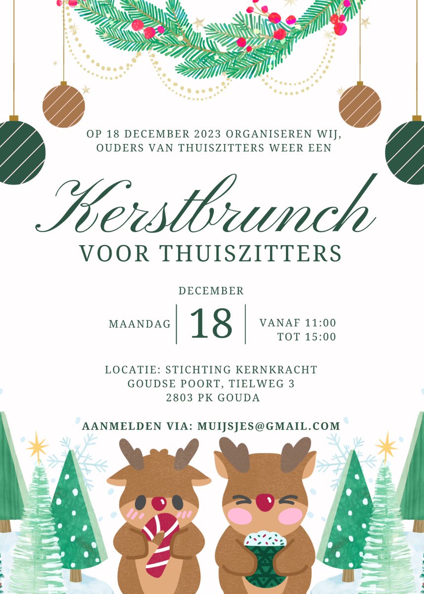 Hoi ouders van thuiszitter nog zin in een kerstbrunch voor je kind.Meld je dan snel aan en kom en anders een kerstkaart mail dan.
@Boze_Ouders 
<a href="/WandaGlebbeek/">Wanda Glebbeek</a> 
<a href="/Onderwijsaffai1/">Onderwijsaffaire</a> 
<a href="/Balansdigitaal/">Balans, vereniging voor ouders</a> 
<a href="/FleurTerpstra/">Fleur Terpstra</a> 
<a href="/RaadGouda/">Gemeenteraad Gouda</a>