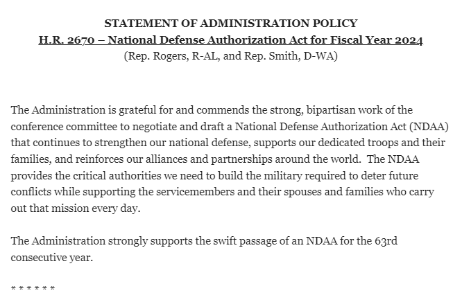 White House officially signals that Biden will sign the compromise #FY24NDAA.