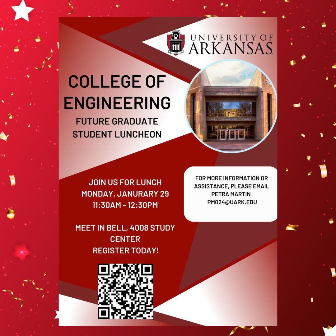 Future graduate students join us on January 29th for the College of Engineering Luncheon. 
You can register today! 
#celebration #graduatesstudents #biomedicalengineering #UArk