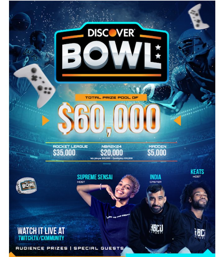 The HBCU Esports League Championship🏆

The Discover Bowl will be LIVE Sun. Dec. 17, 2p!

Get ready for The Discover Bowl🏆  2023 Fall Split Championship! 

Find out who will take home the win on Sunday, December 17th

Only on twitch.tv/cxmmunity
#cxmmunity
#hbcuesports