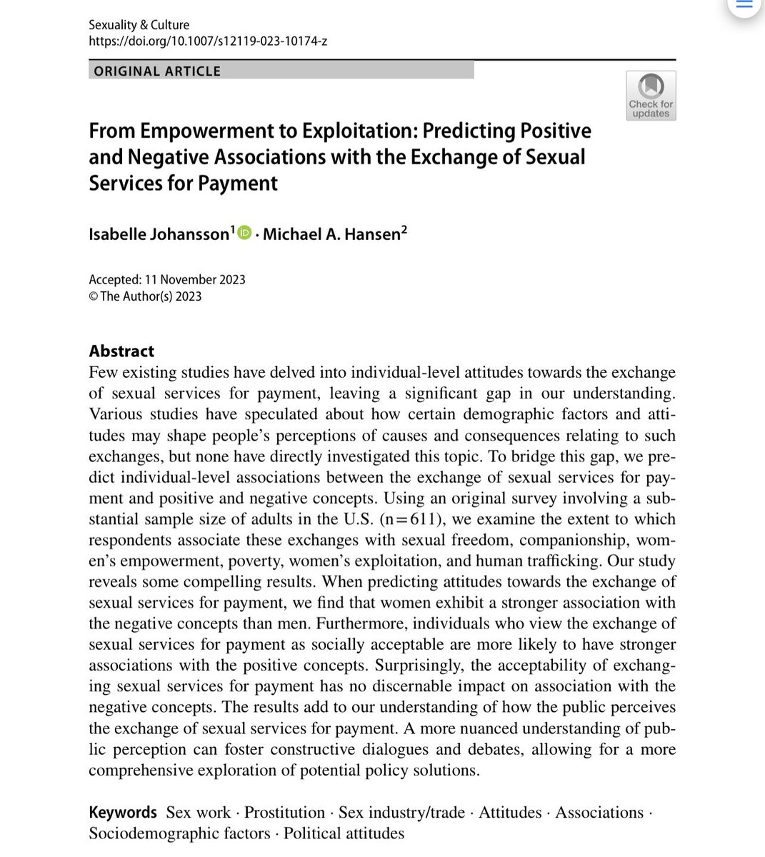 Michael A. Hansen (@mhansenphd) on Twitter photo Study on positive and negative associations w/ sex work (w/ <a href="/isabellexplorer/">Isabelle Johansson</a>) doi.org/10.1007/s12119… Study on positive and negative associations w/ sex work (w/ <a href="/isabellexplorer/">Isabelle Johansson</a>) doi.org/10.1007/s12119…