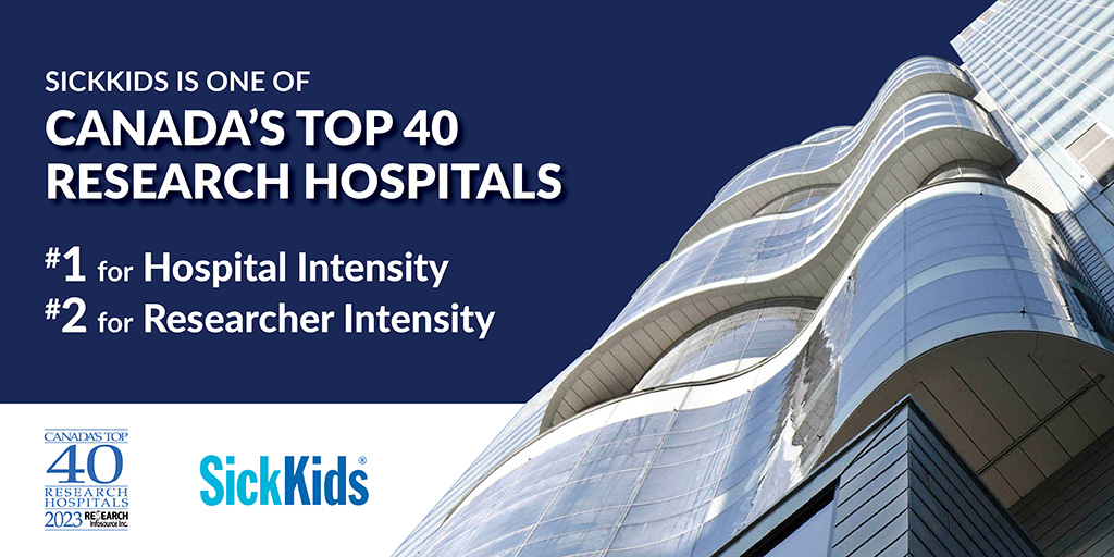 ICYMI: SickKids is proud to be ranked one of 🇨🇦’s Top 40 Research Hospitals from @R_Infosource for the 13th year in a row! Thanks to our incredible #SKResearch community, we’ve ranked No. 1 in hospital intensity & No. 2 in researcher intensity. 🥇Read ➡️ bit.ly/3TfyGjB