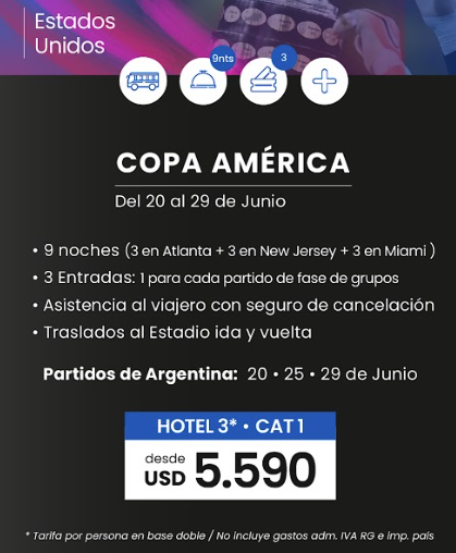 harrylpg's tweet image. ⚽️ 🇺🇸Copa América 2024

🟡Desde mañana se empiezan a vender los paquetes CON ENTRADA y hotel. 
🔸Solo la primera fase.
🔸Por ahora esto es lo que se ofrece
🔸El pago es si o si en dolares billetes
🔸Entradas solas, por ahora no hay disponibles
🔴Desde u$s 5590 por persona en dbl.