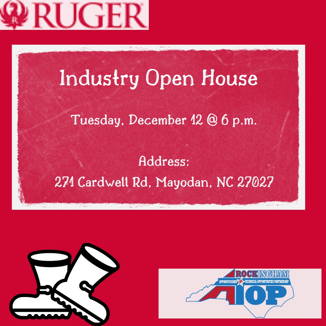 Last open house!

Ruger
Tuesday, December 12 @ 6 p.m.
271 Cardwell Rd.,
Mayodan, NC 27027

NO ONE UNDER 16 can attend this Info Session. All participants MUST bring a photo ID, and are advised to plan to arrive at least 5 minutes early for entry paperwork.