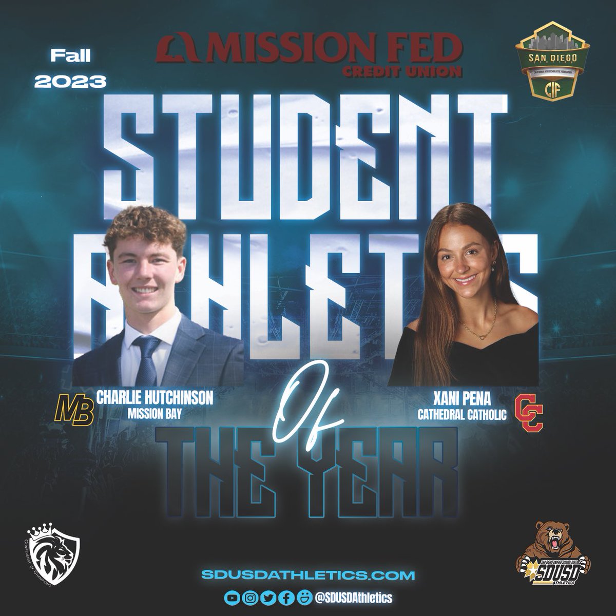 SDUSD Athletics (@sdusdathletics) on Twitter photo We extend our heartfelt congratulations to Charlie Hutchinson of <a href="/mbbuccaneers/">MB Buccaneers</a> and Xani Peña of @cchsdonsathletics for their outstanding achievement as they have been honored with the prestigious title of the @missionfed Student Athletes of the Year for the 2023 Fall Season. We extend our heartfelt congratulations to Charlie Hutchinson of <a href="/mbbuccaneers/">MB Buccaneers</a> and Xani Peña of @cchsdonsathletics for their outstanding achievement as they have been honored with the prestigious title of the @missionfed Student Athletes of the Year for the 2023 Fall Season.