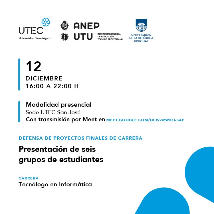 Los invitamos a participar el día Martes 12 de Diciembre a las 16:00 horas a las defensas de los proyectos finales de carrera año 2023 de los estudiantes del Tecnólogo en Informática en Sede San José.
link (meet.google.com/dcw-wwku-sap)