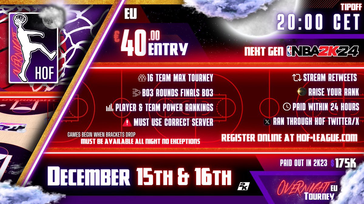 🏆EU Overnight Weekend registration is live! 

🚨 Signups due by at 19:00 CET

🌒 Brackets drop at 22:00 CET

🔘Every round is a BO3 through finals 

▶️ Register Now: hof-league.com/eu-register/

<a href="/DangerrFT/">Over-Night Danger 💫</a> @youFamousEnough <a href="/DirtyGraphics/">DirtyGraphics</a> <a href="/iNetworkSports/">iNetwork</a> #OVN