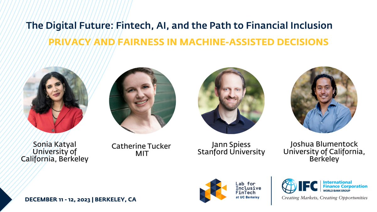 Lab for Inclusive FinTech (LIFT) (@lift_ucb) on Twitter photo Join us for: "Privacy and Fairness in Machine-assisted Decisions" at #LIFTIFC2023! ๐ค
Chaired by Sonia Katyal <a href="/UCBerkeley/">UC Berkeley</a>, with contributions by:
<a href="/ce_tucker/">Catherine Tucker</a> <a href="/MIT/">Massachusetts Institute of Technology (MIT)</a>
Jann Spiess <a href="/Stanford/">Stanford University</a>
<a href="/jblumenstock/">Joshua Blumenstock</a> <a href="/UCBerkeley/">UC Berkeley</a>
๐haas.berkeley.edu/lift/events/diโฆ
#EconTwitter <a href="/IFC_org/">IFC</a> Join us for: "Privacy and Fairness in Machine-assisted Decisions" at #LIFTIFC2023! ๐ค
Chaired by Sonia Katyal <a href="/UCBerkeley/">UC Berkeley</a>, with contributions by:
<a href="/ce_tucker/">Catherine Tucker</a> <a href="/MIT/">Massachusetts Institute of Technology (MIT)</a>
Jann Spiess <a href="/Stanford/">Stanford University</a>
<a href="/jblumenstock/">Joshua Blumenstock</a> <a href="/UCBerkeley/">UC Berkeley</a>
๐haas.berkeley.edu/lift/events/diโฆ
#EconTwitter <a href="/IFC_org/">IFC</a>