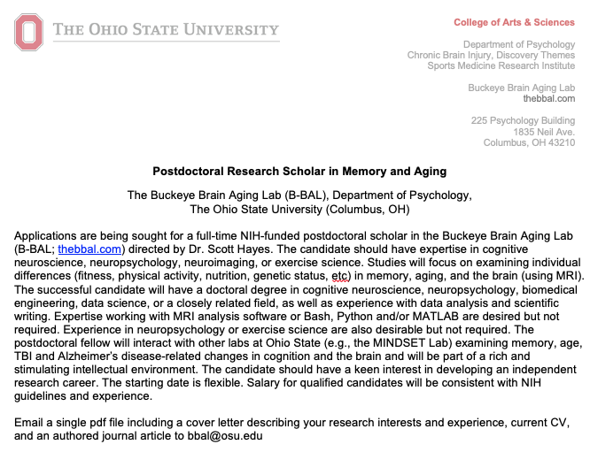 Searching for a postdoc w/ interests in aging, memory, fitness, and the brain. MRI scanner in basement, new TMS system, gym, DXA scanner, float tank, work w/ senior Olympians, plenty of data to analyze and publish, affordable living and a good football team 😀. Let's Go! Plz RT!