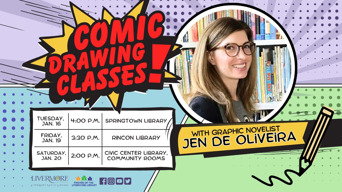 🎨 Kids grades 1-3 may dive into world of comic drawing w/ talented cartoonist/teacher/writer, #JendeOliveira! ✏️ Registration required,📞 call 925-373-5505 to secure a spot for a fun art-filled comics exploration. 
🗓️ 1/16/24, 1/19/24, or 1/20/24
#LivermoreCA #LibraryClasses