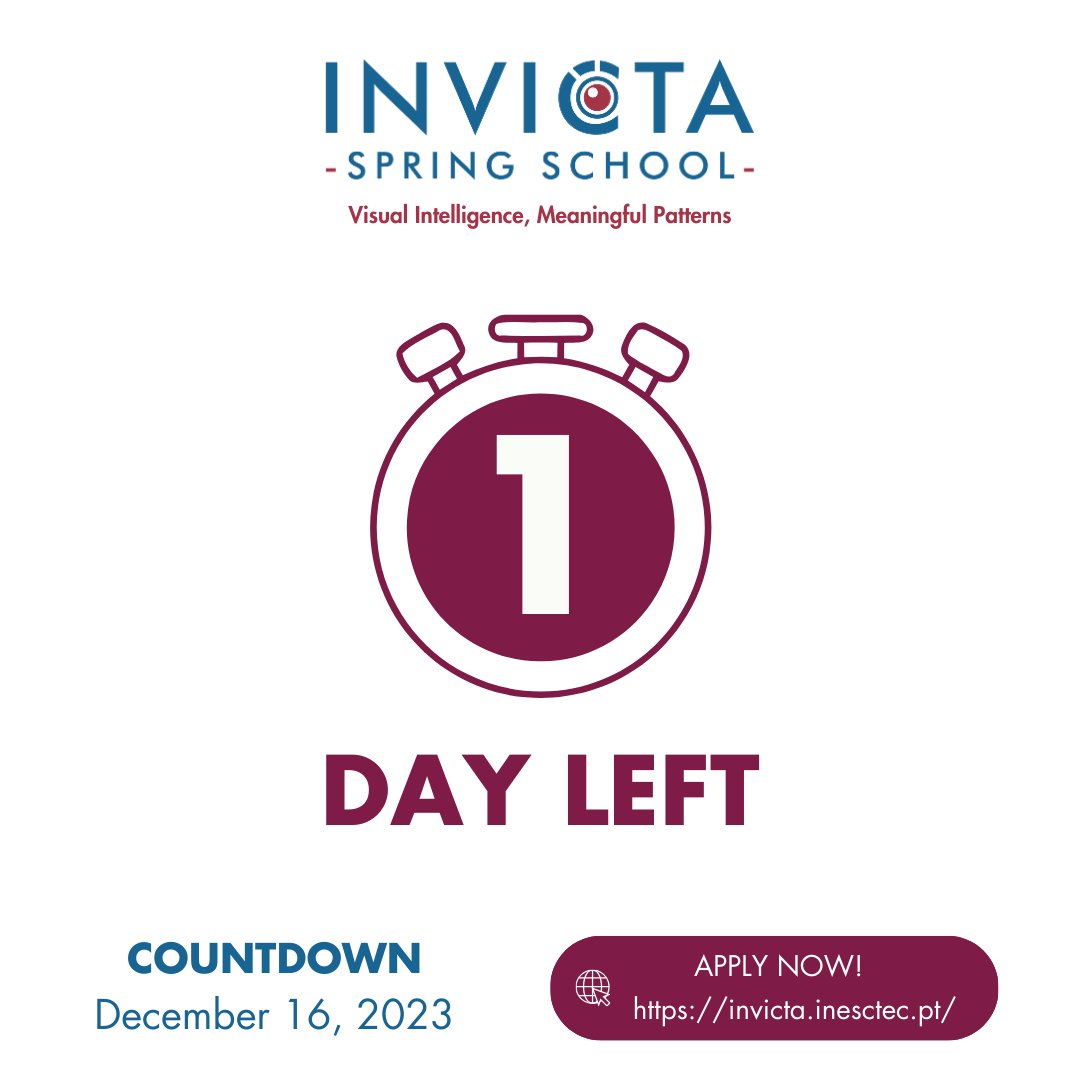 Final applications week:1️⃣Day left!
Don't miss the opportunity to participate in INVICTA, a school of #AI, #ComputerVision and pattern analysis with world-renowned experts in Porto!

Apply now! invicta.inesctec.pt

@inesctec
#springschool #visualintelligence #MachineLearning