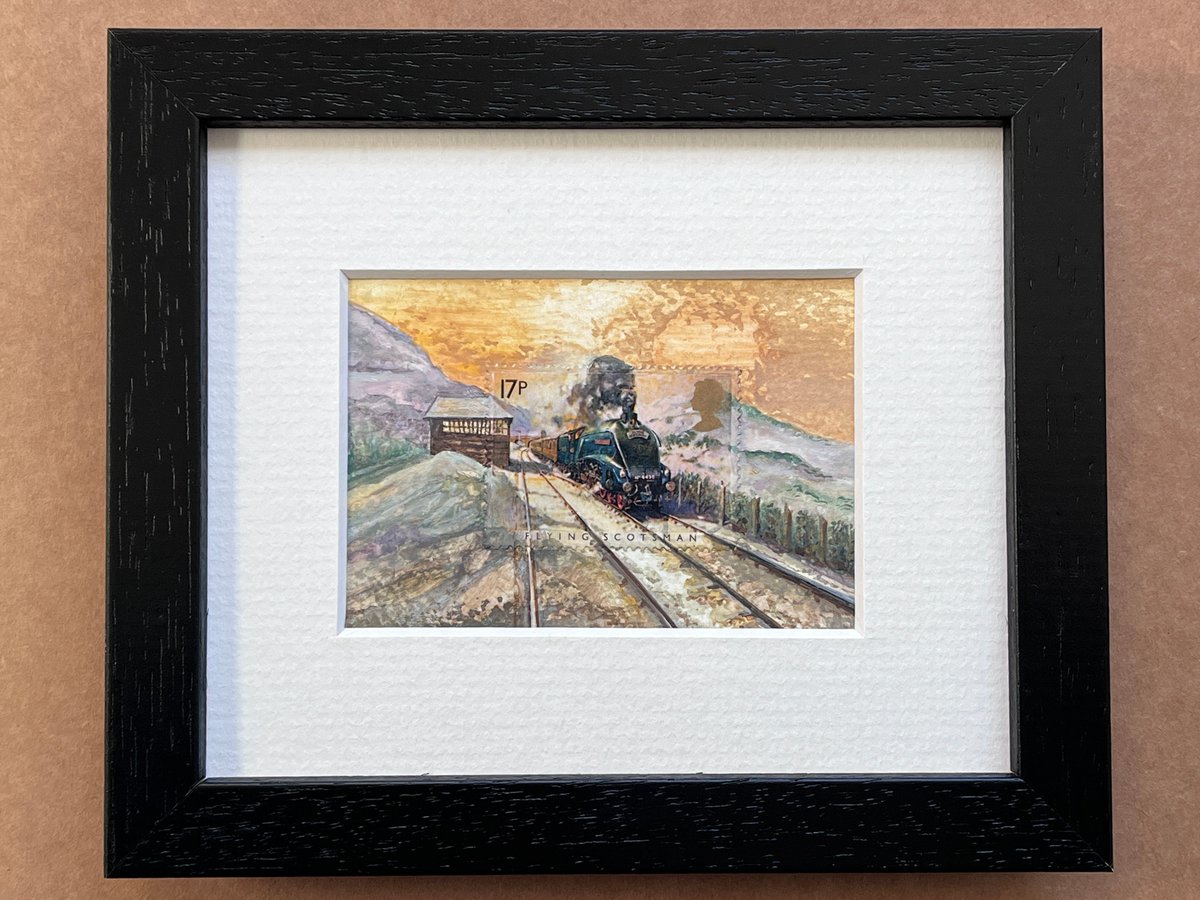Royal Mail Flying Scotsman Train Postage Stamp art made into an original paintings using watercolour and oil paint to create an ACEO size artwork 2.5 x3.5 inches. 
#giftideas #ArtForSale #ArtistOnTwitter #artshare #ArtLovers
#buylocal #shophandmade #local #supportlocal